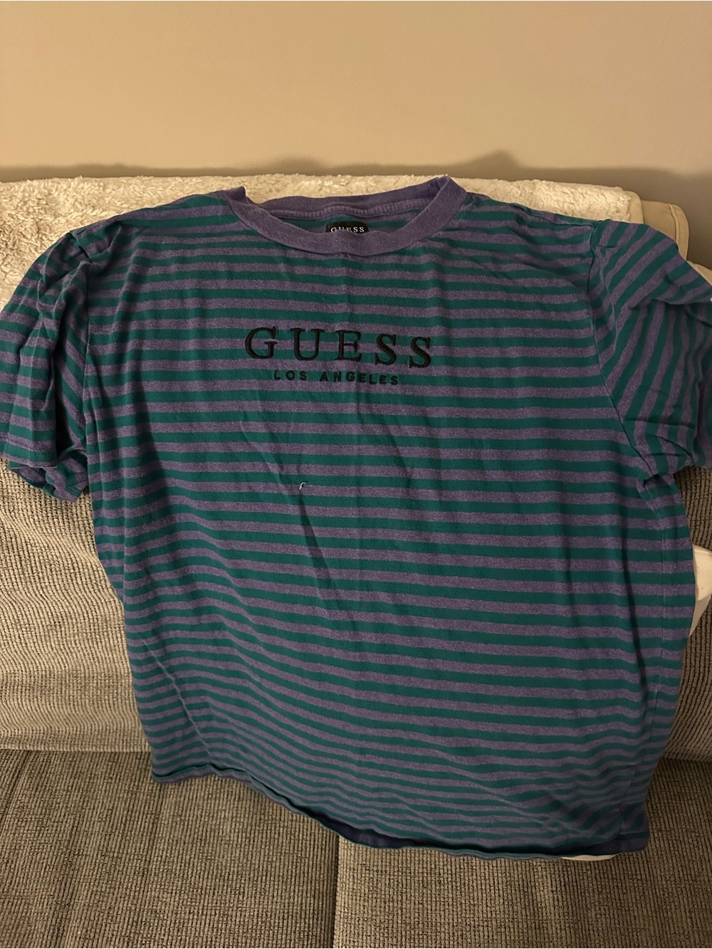 Guess Men’s Striped Crew Neck Tee in Teal & Purple